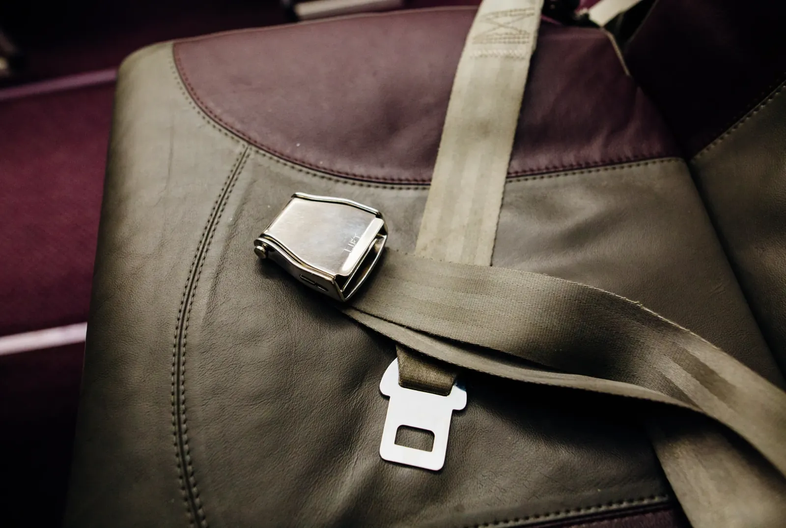 Woven belt webbing running through a metal latch buckle and tongue plate hardware.